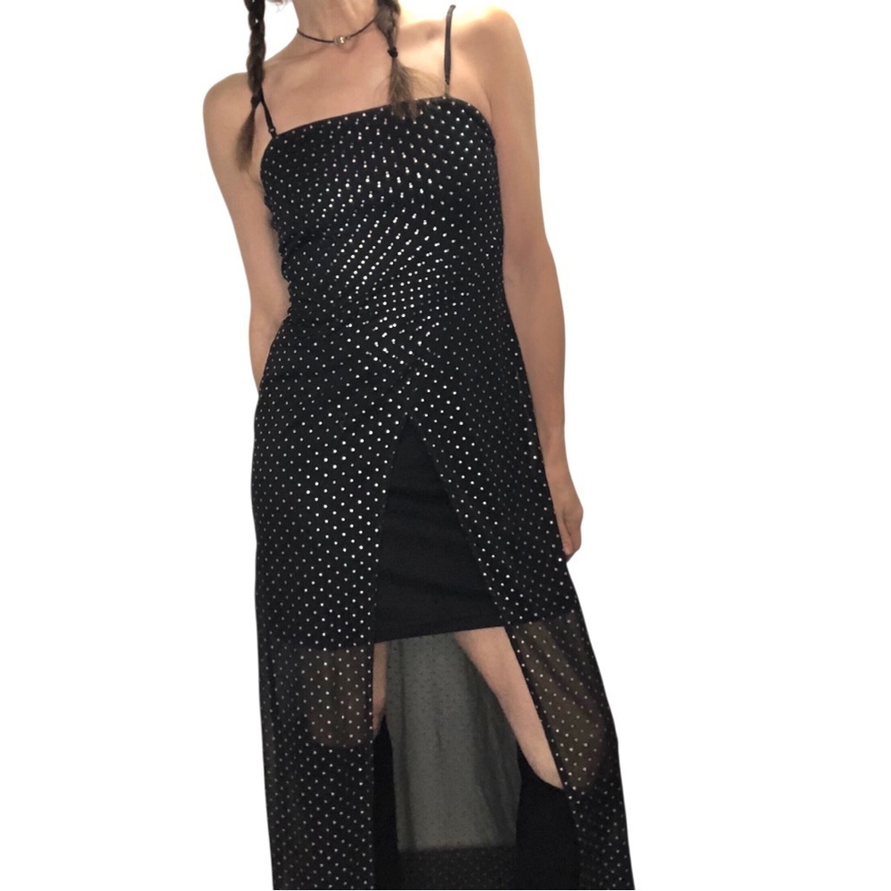 Vtg 90’s Y2K Dress Sz S Black Sheer Overlay Metallic Party Whimsigoth Rachel